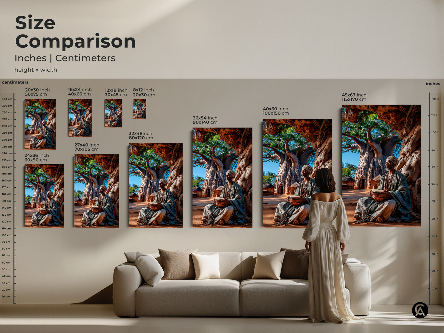 Size comparison of art prints in inches and centimeters. See how the African man drumming under a baobab tree artwork fits above a sofa. Compare sizes from 8x12 to 45x67 inches. Perfect earth tone canvas art for boho home decor lovers.