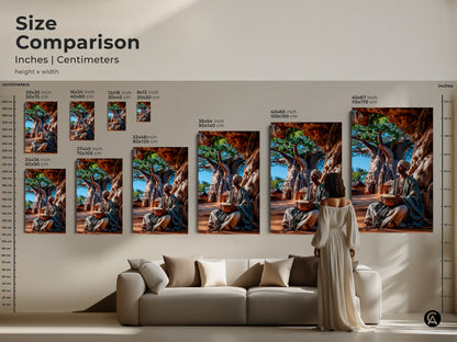 Size comparison of art prints in inches and centimeters. See how the African man drumming under a baobab tree artwork fits above a sofa. Compare sizes from 8x12 to 45x67 inches. Perfect earth tone canvas art for boho home decor lovers.