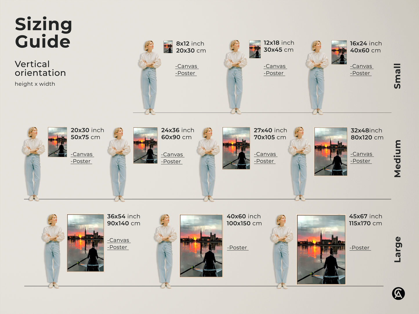 A sizing guide for vertical orientation canvas and poster prints. See various sizes of rowing sunset artwork in inches and centimeters. Choose the perfect size from small medium or large. It helps visualize how the art will look in your space. Impressionistic art perfect for office wall decor. A motivational art piece.