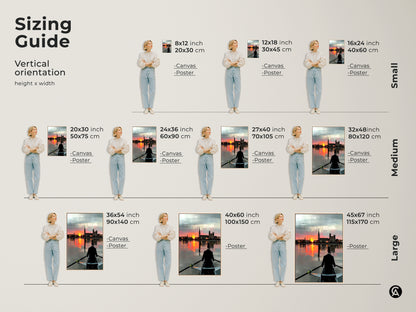 A sizing guide for vertical orientation canvas and poster prints. See various sizes of rowing sunset artwork in inches and centimeters. Choose the perfect size from small medium or large. It helps visualize how the art will look in your space. Impressionistic art perfect for office wall decor. A motivational art piece.