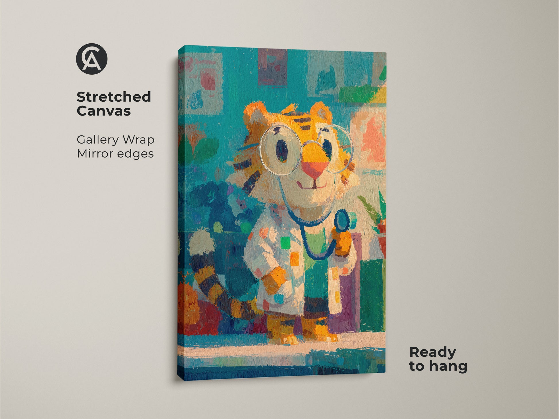 Stretched canvas art featuring a cartoon tiger doctor. The gallery wrap with mirrored edges enhances the artwork's appeal. Ready to hang for easy decoration in any room. Ideal for pediatric offices.