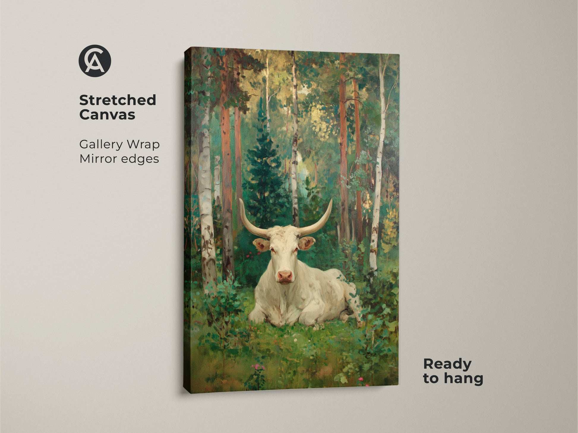 This stretched canvas art features a white longhorn bull in a lush forest. The gallery wrap and mirror edges create a seamless ready-to-hang display. A unique piece for nature and animal art lovers.