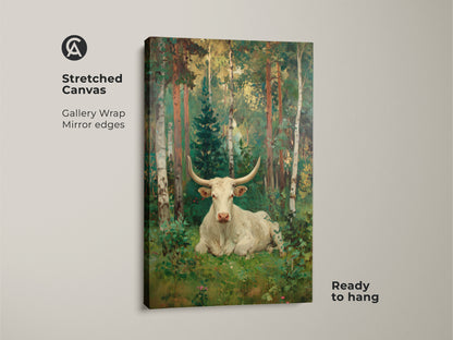 This stretched canvas art features a white longhorn bull in a lush forest. The gallery wrap and mirror edges create a seamless ready-to-hang display. A unique piece for nature and animal art lovers.