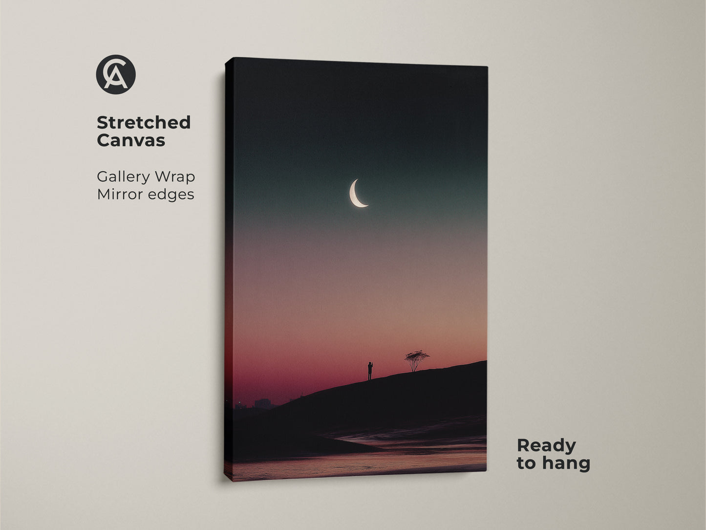 Stretched canvas of surreal moon wall art in dark teal. The pink gradient canvas features a lone tree silhouette. Ready to hang this celestial art enhances any bedroom. A thoughtful gift for wanderlust souls.