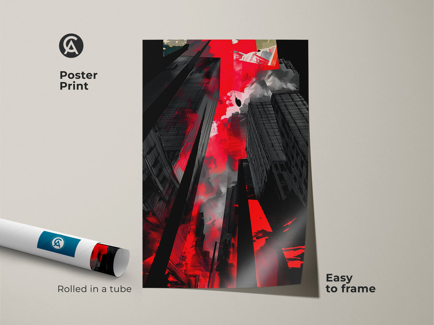 Poster print of an abstract cityscape. This red and black urban artwork comes rolled in a tube. It is easy to frame. It will add a modern touch to any space.