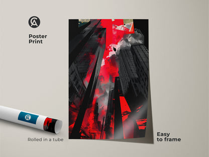Poster print of an abstract cityscape. This red and black urban artwork comes rolled in a tube. It is easy to frame. It will add a modern touch to any space.