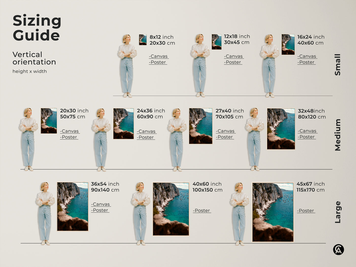 Sizing guide for vertical orientation coastal cliff wall art. Visualize canvas and poster sizes. Available in small medium and large. Find the perfect fit for your space from 8x12 to 45x67 inches. Enhance your home with deep blue ocean art.