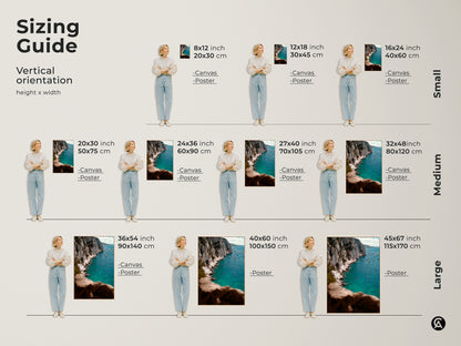 Sizing guide for vertical orientation coastal cliff wall art. Visualize canvas and poster sizes. Available in small medium and large. Find the perfect fit for your space from 8x12 to 45x67 inches. Enhance your home with deep blue ocean art.