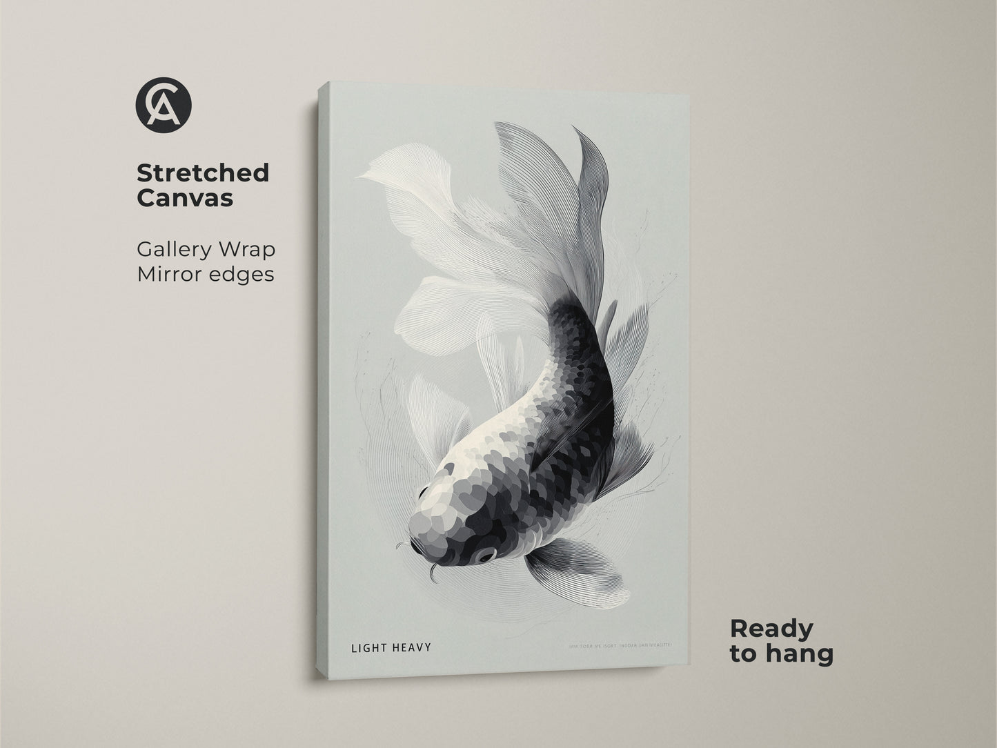 Stretched canvas art showcases a monochrome koi fish. The gallery wrap has mirrored edges. This ready to hang artwork offers a minimalist aesthetic. It's ideal for contemporary spaces. It will bring a sense of calm to your home decor.