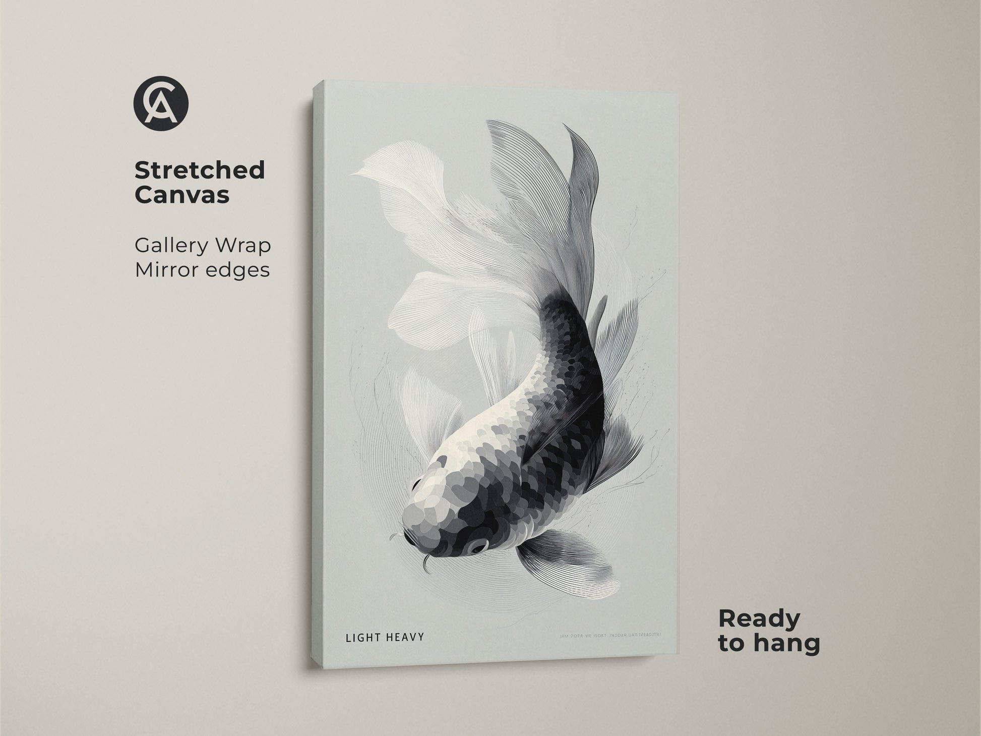 Stretched canvas art showcases a monochrome koi fish. The gallery wrap has mirrored edges. This ready to hang artwork offers a minimalist aesthetic. It's ideal for contemporary spaces. It will bring a sense of calm to your home decor.