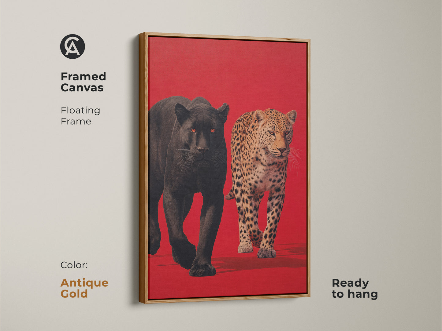 Framed canvas print featuring a black panther and leopard with an antique gold floating frame. The vibrant animal artwork is ready to hang. Enhance your living space with this striking canvas art. Find the perfect wildlife art today