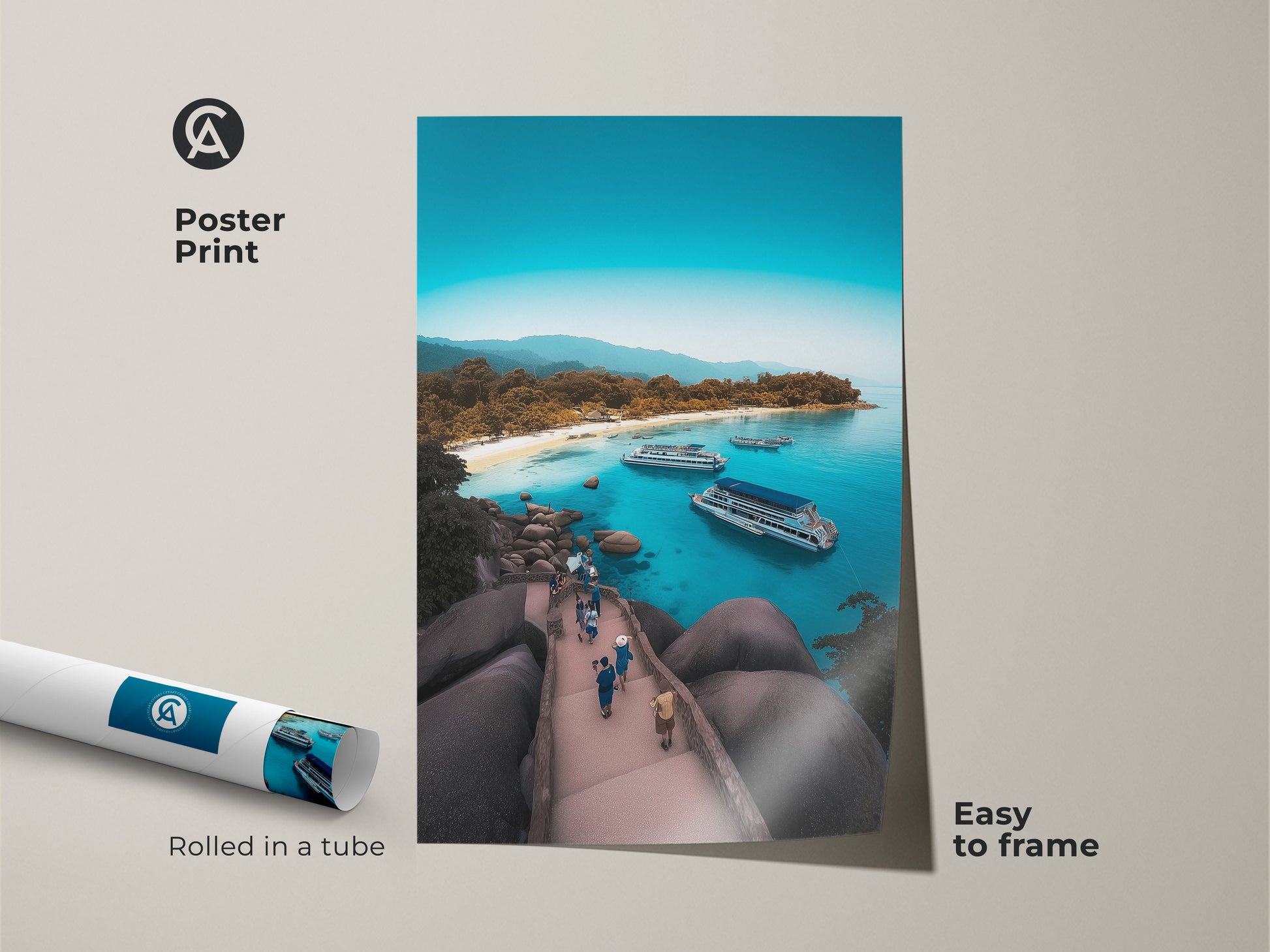 Poster print of an aerial island beach. This turquoise ocean view artwork is rolled in a tube for easy framing. It's coastal landscape wall art that brings the beauty of a tropical island getaway. The boat filled bay print adds a touch of summer vacation vibe. A perfect blue water seascape for any home.