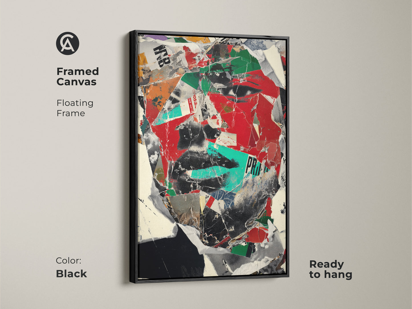 Framed canvas of an abstract face portrait in a black floating frame. The red black and green mixed media collage adds a contemporary touch. Ready to hang this fine art print is ideal for office or home decor.
