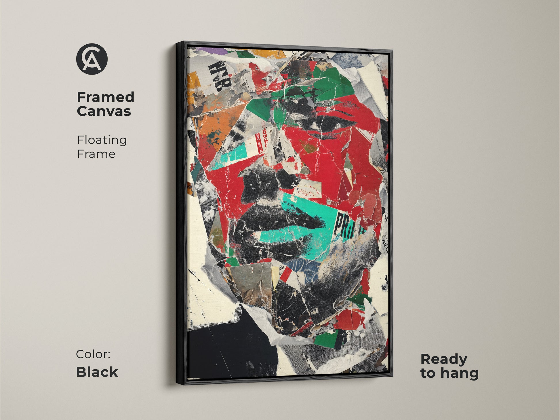 Framed canvas of an abstract face portrait in a black floating frame. The red black and green mixed media collage adds a contemporary touch. Ready to hang this fine art print is ideal for office or home decor.