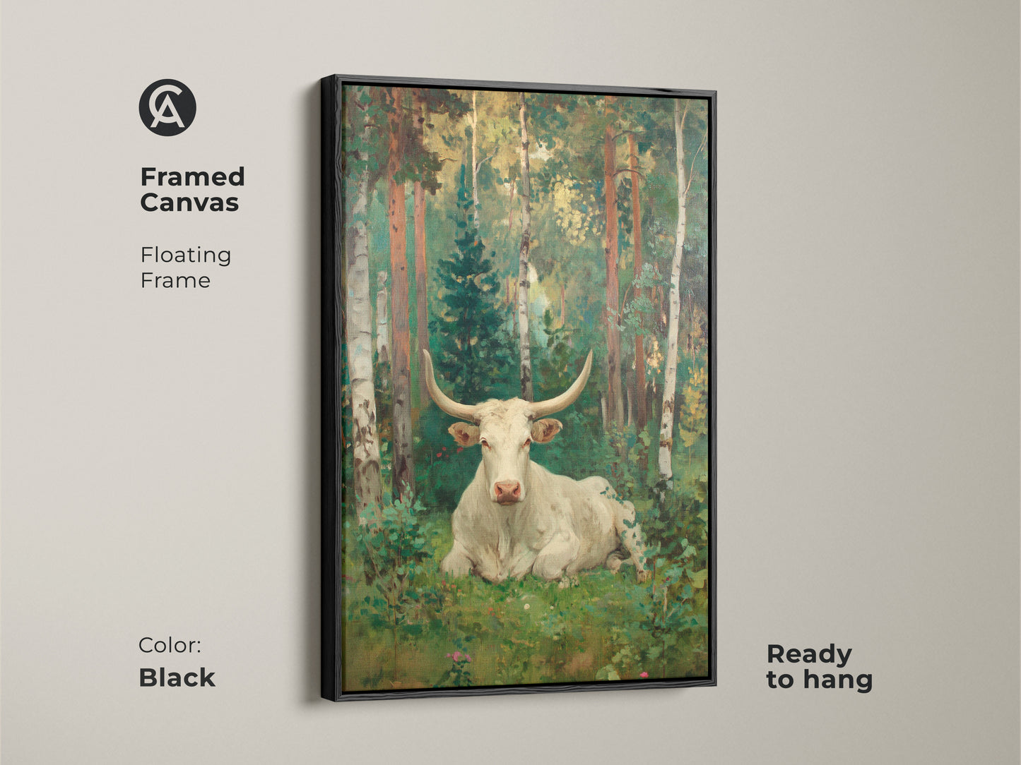 Framed canvas art featuring a white longhorn bull in a forest setting. The floating frame in black adds a modern touch to this pastoral artwork. Ready to hang and instantly elevates your home decor.