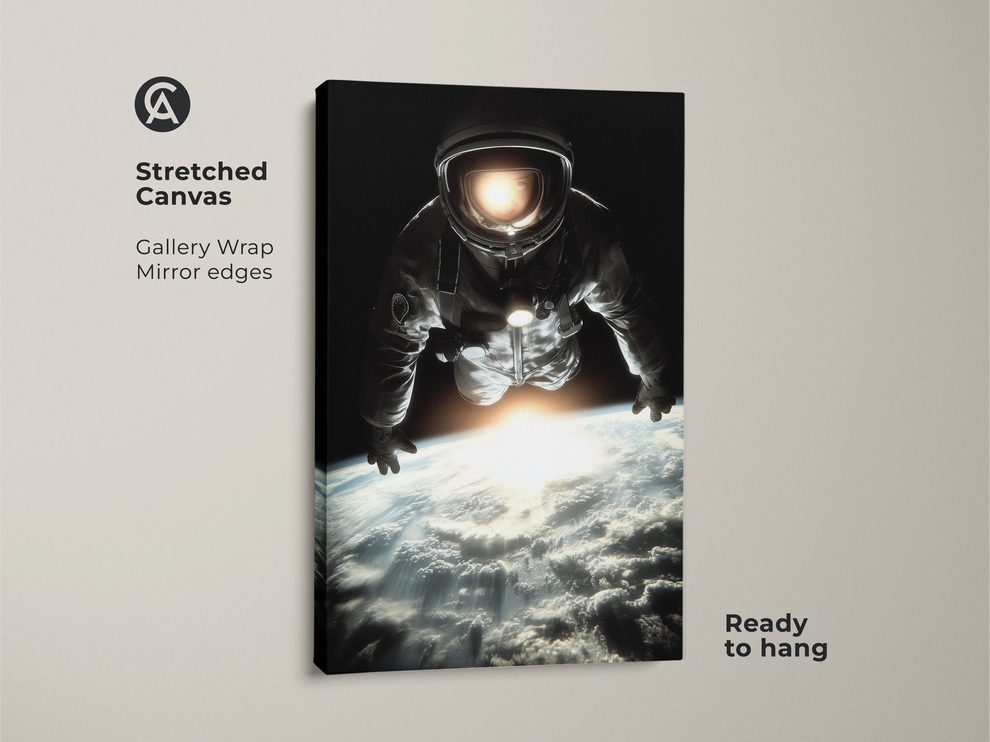 Stretched canvas featuring astronaut floating above earth. Gallery wrapped with mirrored edges. This space exploration canvas print is ready to hang. The photorealistic astronaut art adds a cinematic touch. Great black blue white wall decor for modern spaces. Ideal gift for astronomy lovers.