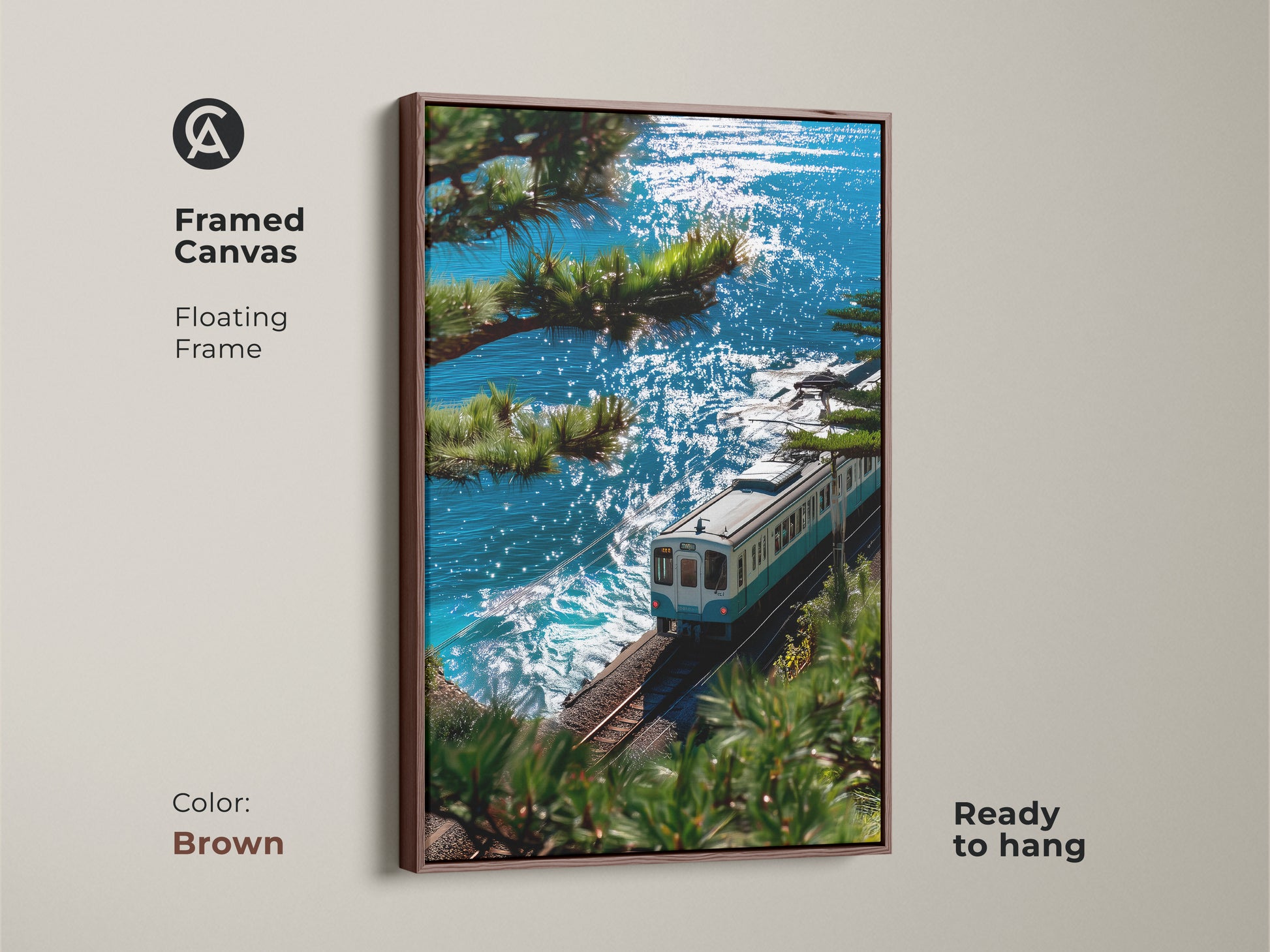 Brown framed canvas art print of a blue and white train along a sparkling blue coast. This floating frame is ready to hang. A scenic train ride captured in museum-quality art.