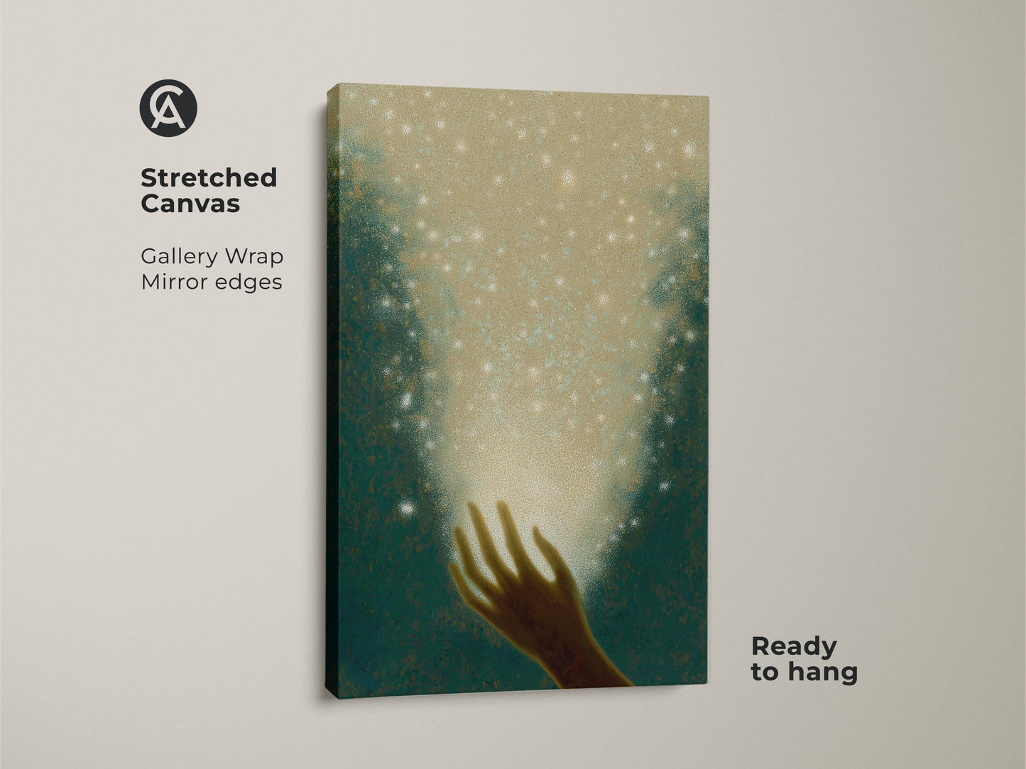 Behold ethereal fantasy print in gold and teal tones. This dreamy stars canvas adds magic to any room. It is ideal boho bedroom decor and unique spiritual gift