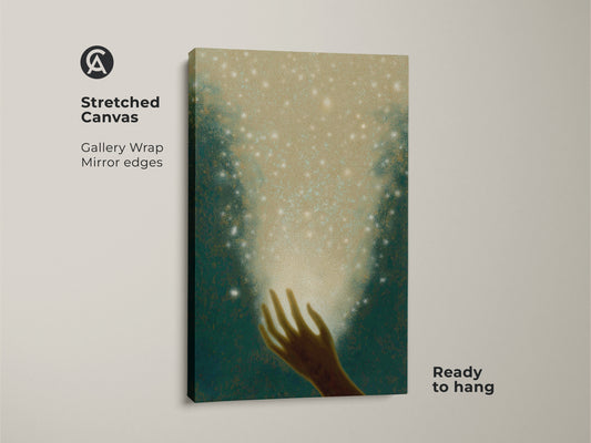 Behold ethereal fantasy print in gold and teal tones. This dreamy stars canvas adds magic to any room. It is ideal boho bedroom decor and unique spiritual gift