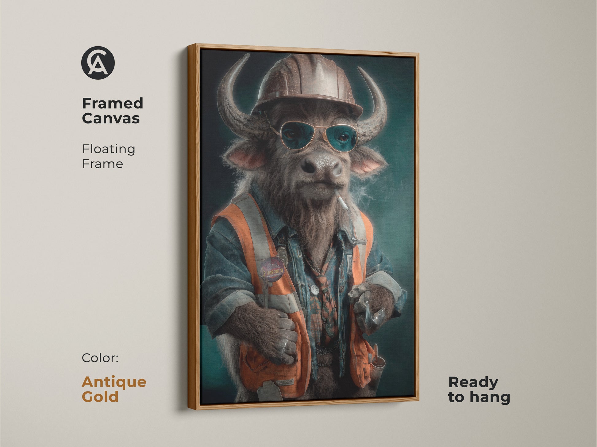 A framed canvas presents a surrealist buffalo construction worker. It features a floating frame in antique gold and is ready to hang. This funny office wall art adds eclectic charm to any room. The artisan digital painting has teal orange brown accents. The animal-themed artwork will add workplace personality to any space.