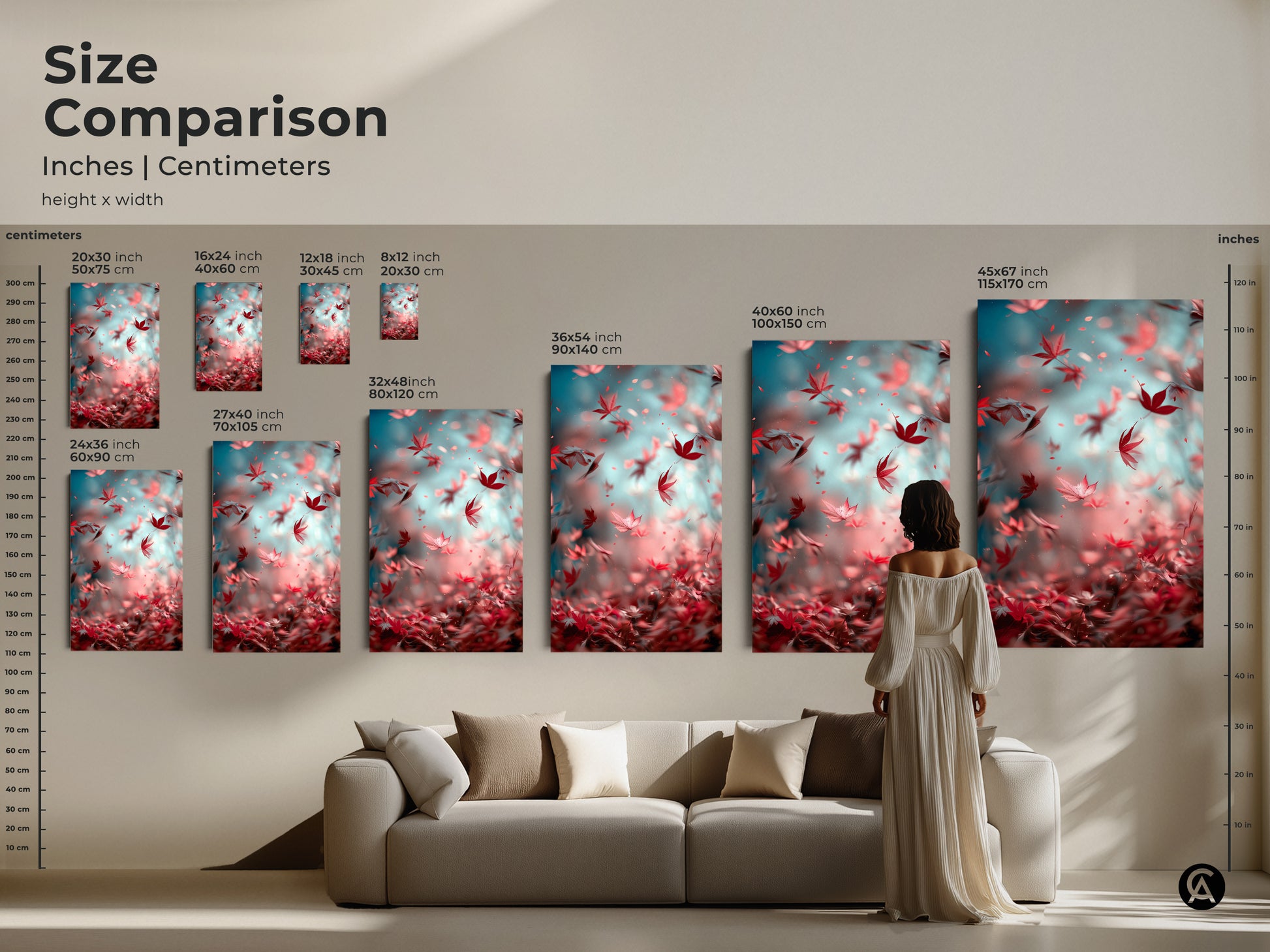 Size comparison of canvas and poster art prints in inches and centimeters. Visualize how different sizes will look in your living room. Transform your space with beautiful artwork. Find the perfect size to complement your home decor.