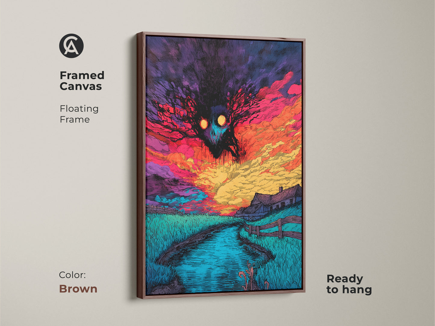 Framed canvas artwork with a floating frame. The artwork features a spooky monster over a farm landscape at sunset. The frame is brown and ready to hang. A perfect piece for horror art collectors.