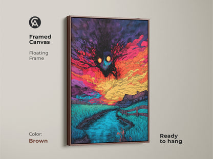 Framed canvas artwork with a floating frame. The artwork features a spooky monster over a farm landscape at sunset. The frame is brown and ready to hang. A perfect piece for horror art collectors.