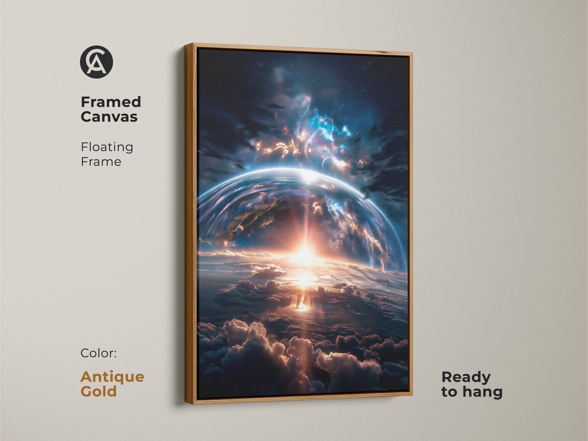 Framed canvas artwork displaying an earthrise with an antique gold floating frame. This ready-to-hang piece adds a touch of elegance. The space artwork captures a stunning celestial scene. Enhance your home with this captivating print.