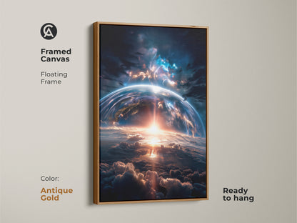 Framed canvas artwork displaying an earthrise with an antique gold floating frame. This ready-to-hang piece adds a touch of elegance. The space artwork captures a stunning celestial scene. Enhance your home with this captivating print.