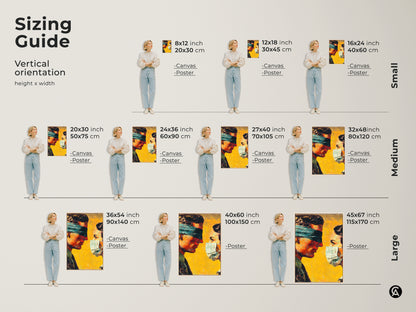 Sizing guide for vertical artwork. See how the artwork fits in different sizes. Options include canvas and poster prints. The art features a man and woman. Choose the perfect size for your space. Transform your home today.