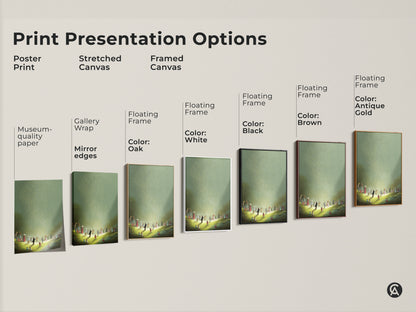 Explore print presentation options for this fantasy art print including poster stretched and framed canvas. Each format showcases the whimsical children art with its magical light scene in gold and green tones. Find the perfect piece to add an eclectic touch to your home or nursery wall decor.