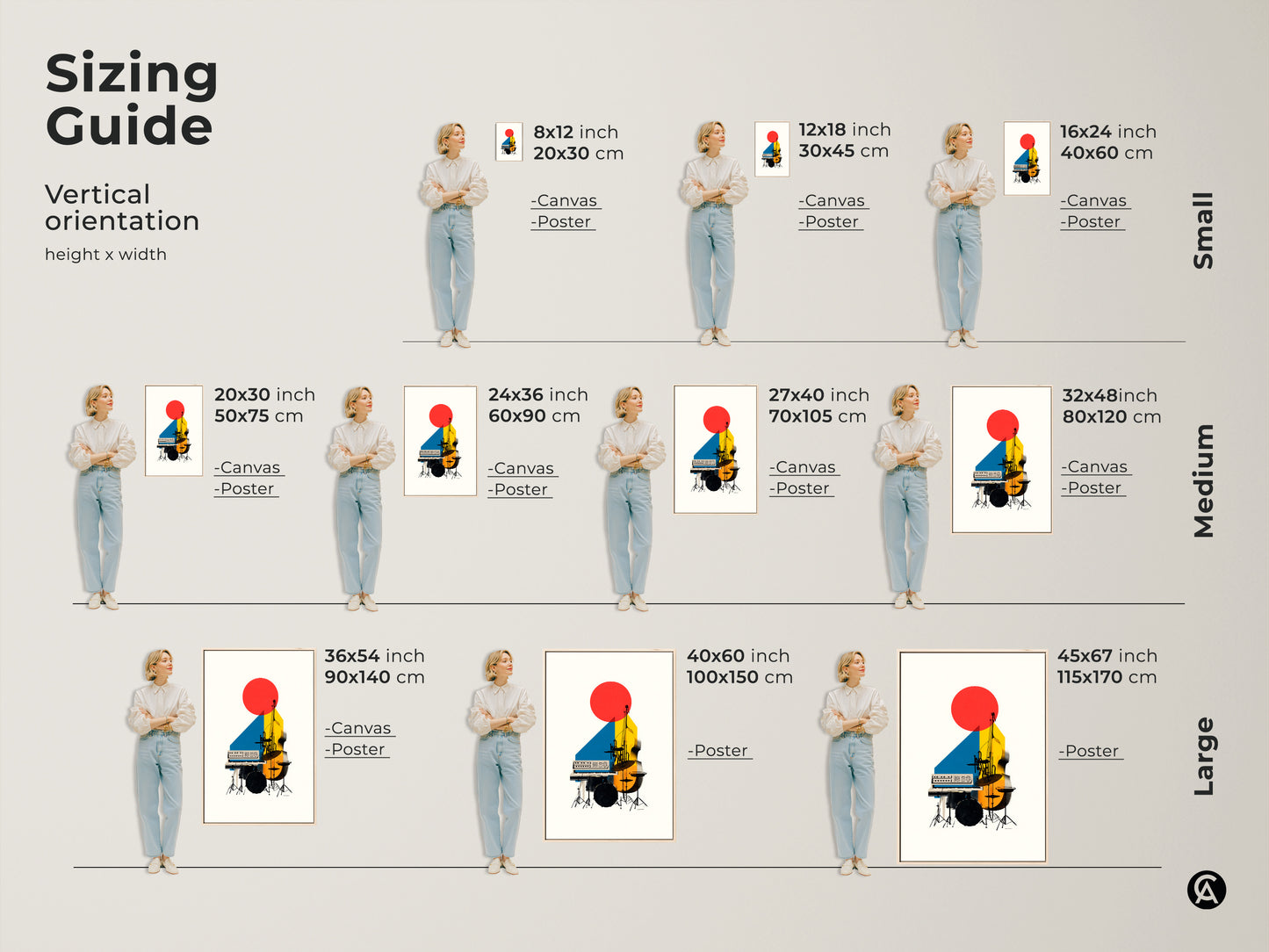 Sizing guide for vertical orientation shows the height and width of the canvas and poster. Each shows the abstract artwork. Sizes range from small to medium to large art pieces.