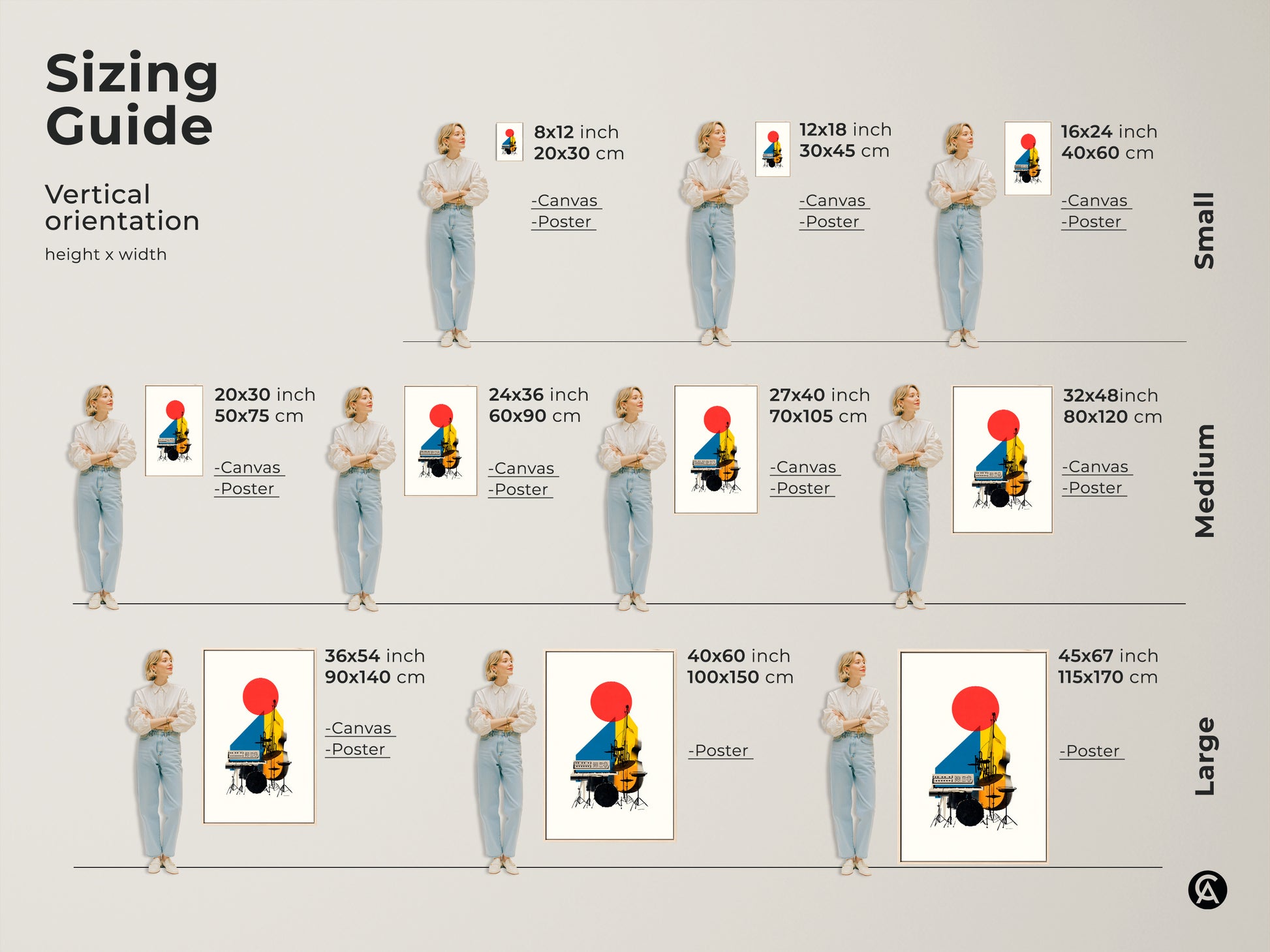 Sizing guide for vertical orientation shows the height and width of the canvas and poster. Each shows the abstract artwork. Sizes range from small to medium to large art pieces.