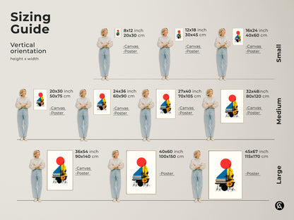Sizing guide for vertical orientation shows the height and width of the canvas and poster. Each shows the abstract artwork. Sizes range from small to medium to large art pieces.