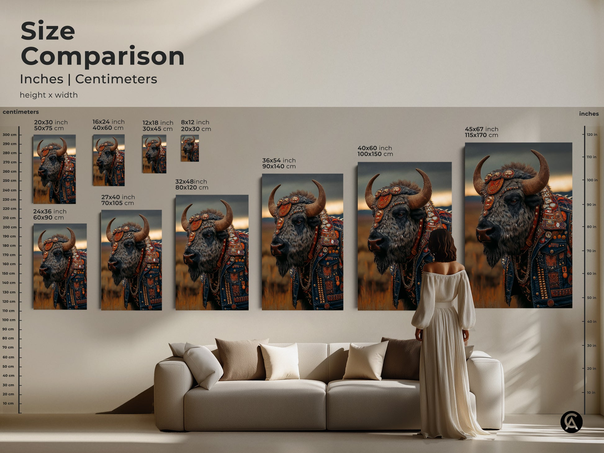 This is a size comparison guide. It shows the bison with leather jacket art in various sizes. The artwork is placed above a sofa. The canvas and poster options are available. This edgy home decor art adds character to a living space. It will make a rock music fan gift.