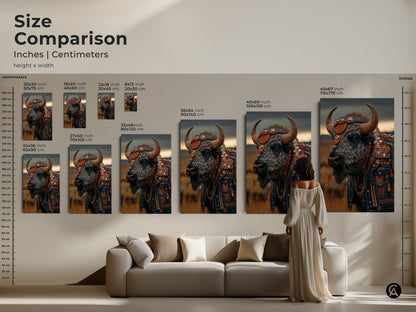 This is a size comparison guide. It shows the bison with leather jacket art in various sizes. The artwork is placed above a sofa. The canvas and poster options are available. This edgy home decor art adds character to a living space. It will make a rock music fan gift.