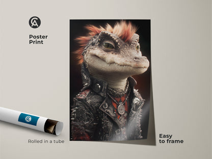 A poster print of a Punk Alligator rolled in a tube easy to frame. This gothic reptile is perfect wall art for a man cave or office. This music lover gift idea features an eclectic animal. The print showcases a punk rock style.