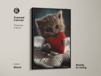 Framed canvas showcases a charming kitten with a red heart. This floating frame is black. This cute cat wall decor is ready to hang. It is a heartwarming gift for cat lovers. This charming feline artwork is perfect for a unique pet gift idea.