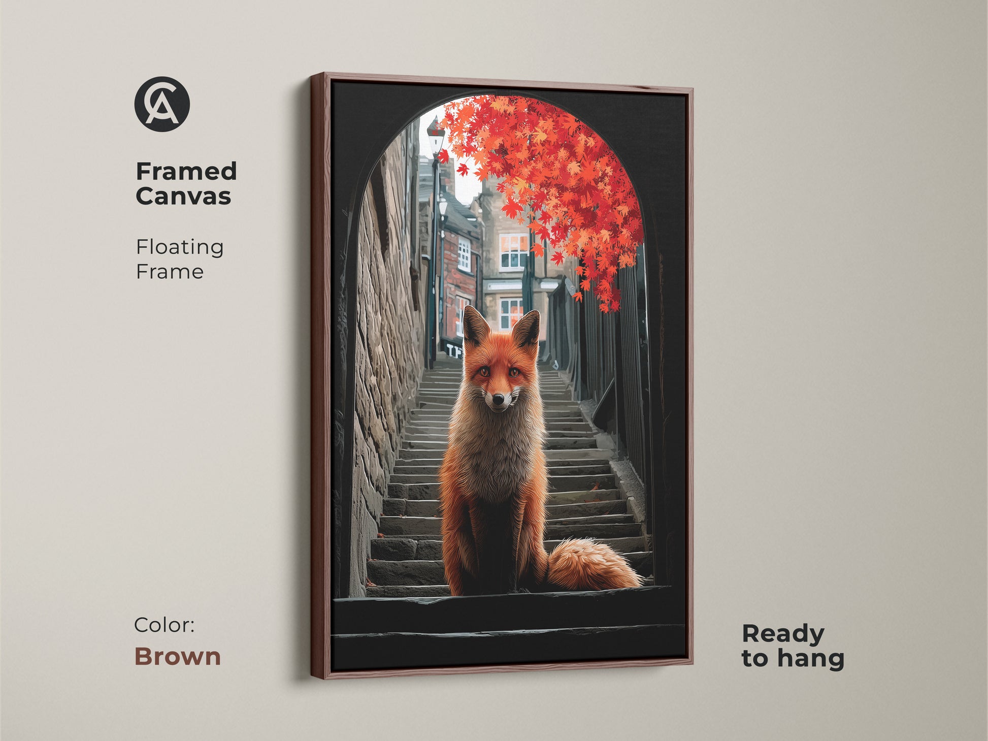 Bring warmth to your walls with this framed fox art on canvas. The art shows a fox on steps with autumn leaves in the background. The artwork’s brown floating frame complements its nature-inspired theme. Its ideal for creating a cozy cottage feel.