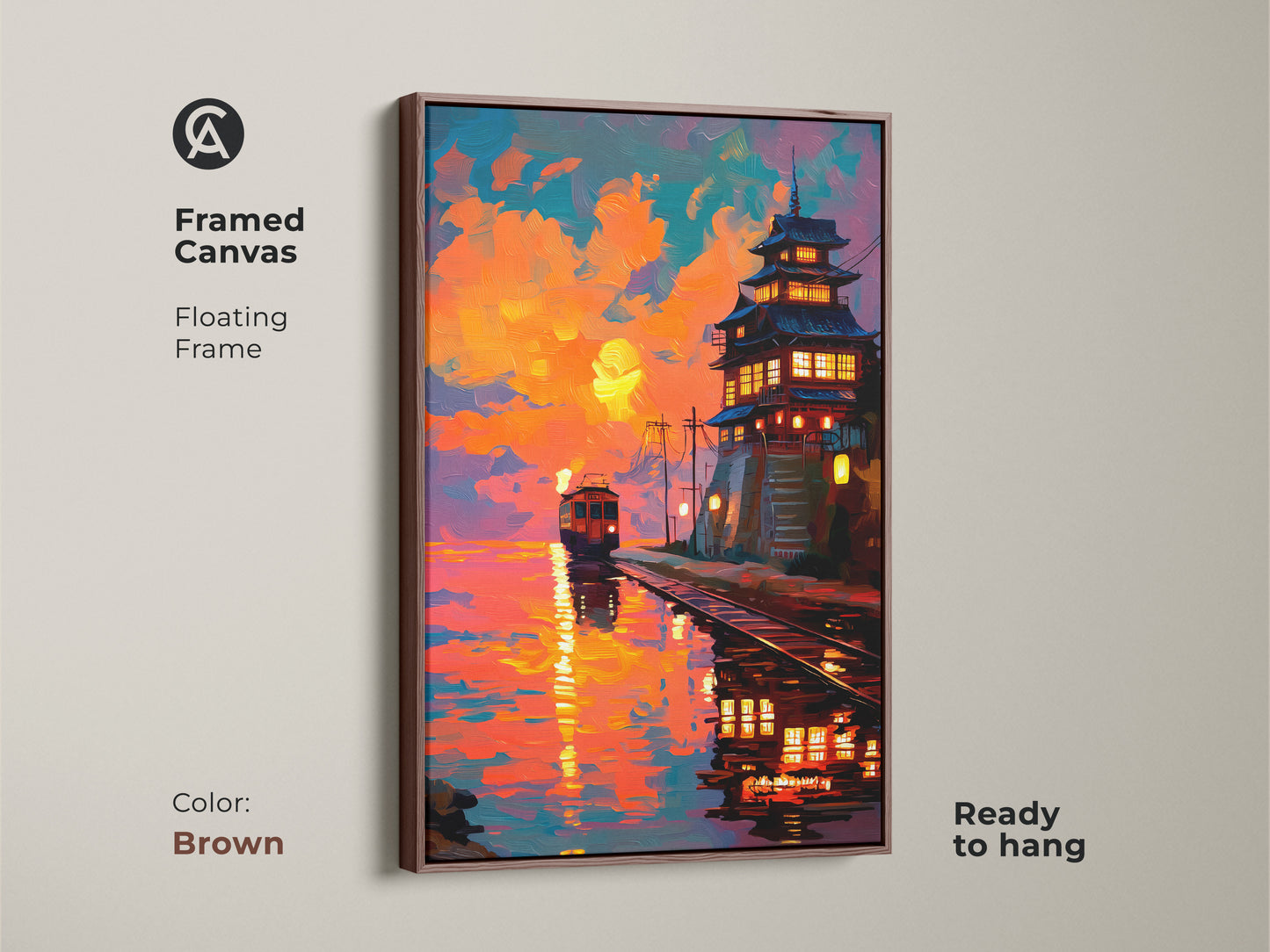 Framed canvas showcasing a sunset artwork of a Japanese pagoda and train. The floating frame in brown adds warmth. Ready to hang for a simple setup. This orange yellow and teal art brings eclectic charm. A unique travel gift for home decor.