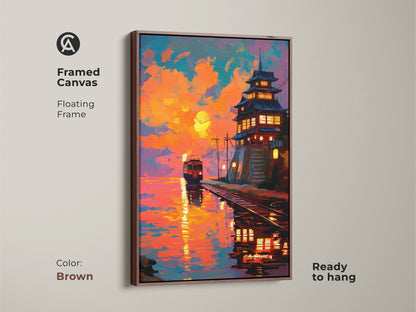 Framed canvas showcasing a sunset artwork of a Japanese pagoda and train. The floating frame in brown adds warmth. Ready to hang for a simple setup. This orange yellow and teal art brings eclectic charm. A unique travel gift for home decor.