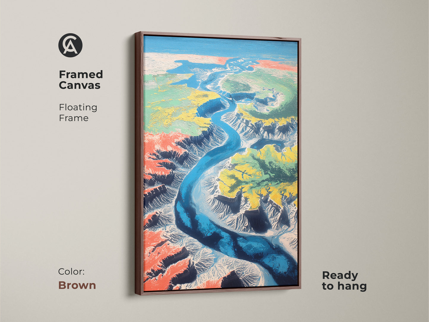 The framed canvas in brown features a floating frame. The contemporary artwork is ready to hang. It depicts an abstract aerial view of a teal blue river canyon. It is perfect as a housewarming gift idea.