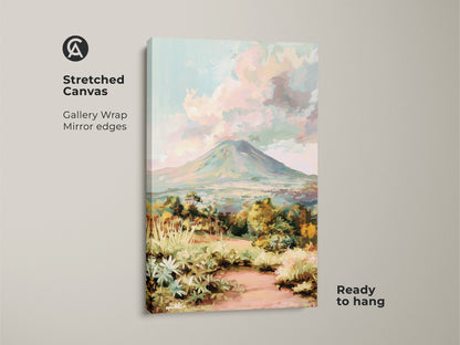 Volcano landscape canvas print presented on a stretched canvas with gallery wrap. The impressionist mountain art has mirror edges. This teal green artwork creates an inviting nature scenic print. The wall art is ready to hang in any eclectic home. A unique housewarming gift idea.