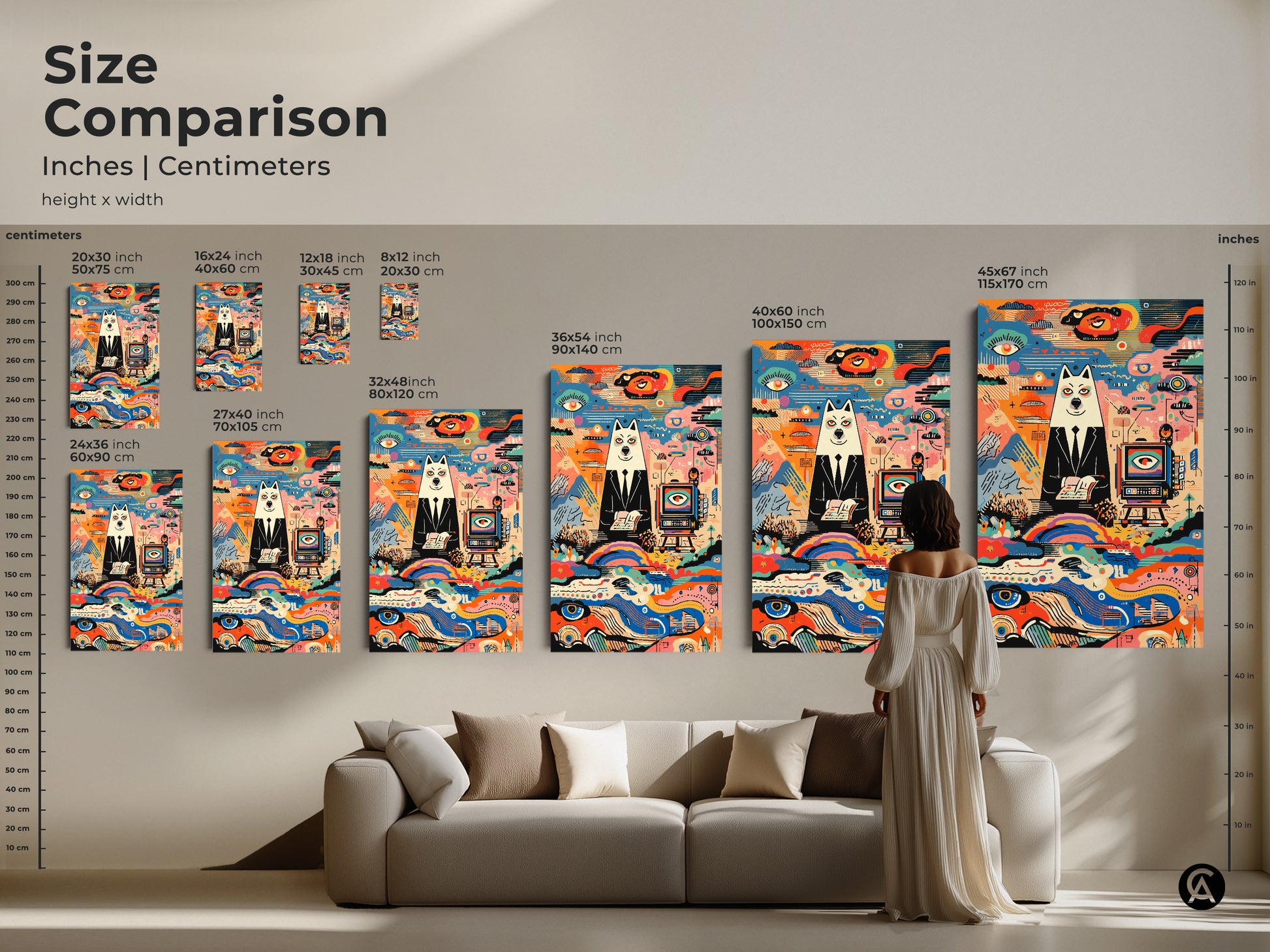 Size comparison of a dog in suit art print. See various sizes for this abstract canvas art. This surreal folk art fits any space. It is available from small to large sizes.