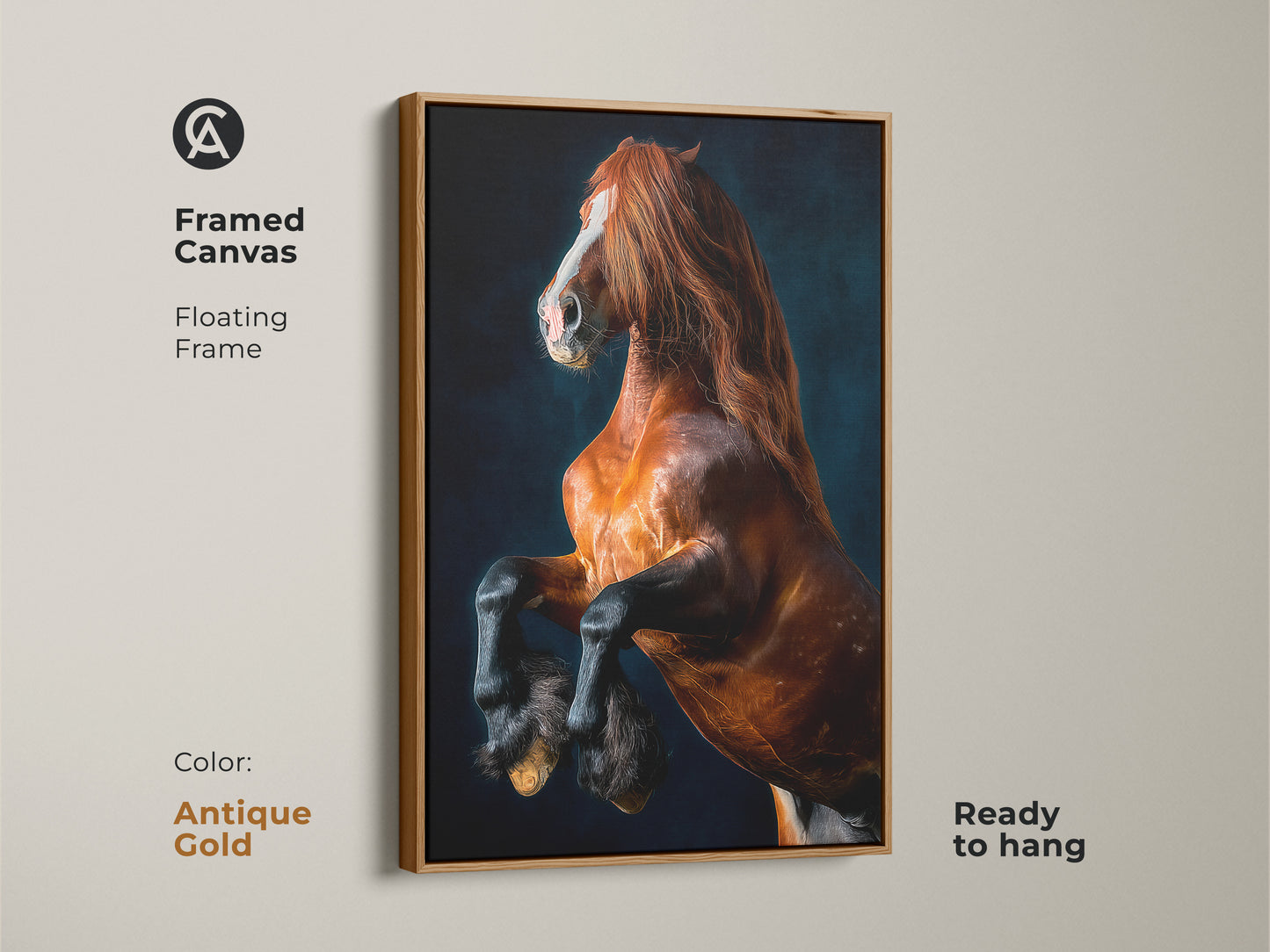 Framed canvas print featuring a rearing brown horse. This equine animal artwork adds a touch of contemporary wildlife decor. The antique gold floating frame enhances its elegance. Perfect for horse lovers it's a ready to hang equestrian art piece.