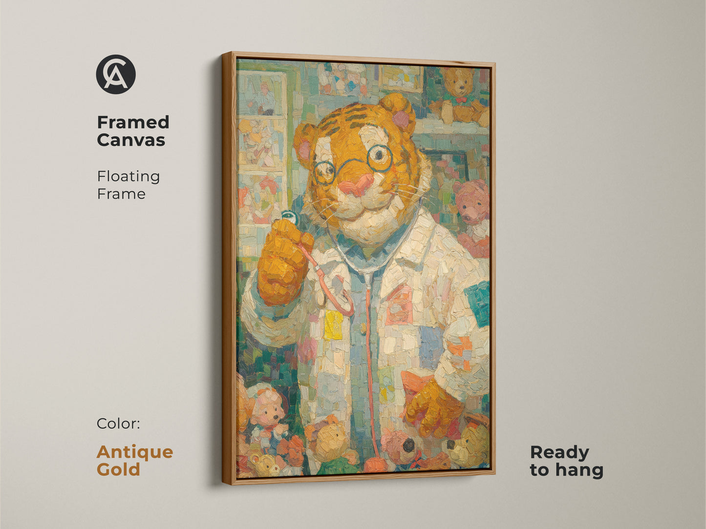 Framed canvas art of a tiger doctor and teddy bears with an antique gold frame. This delightful print is ready to hang. The antique gold frame adds a touch of elegance. Perfect for kids room decor. Buy now