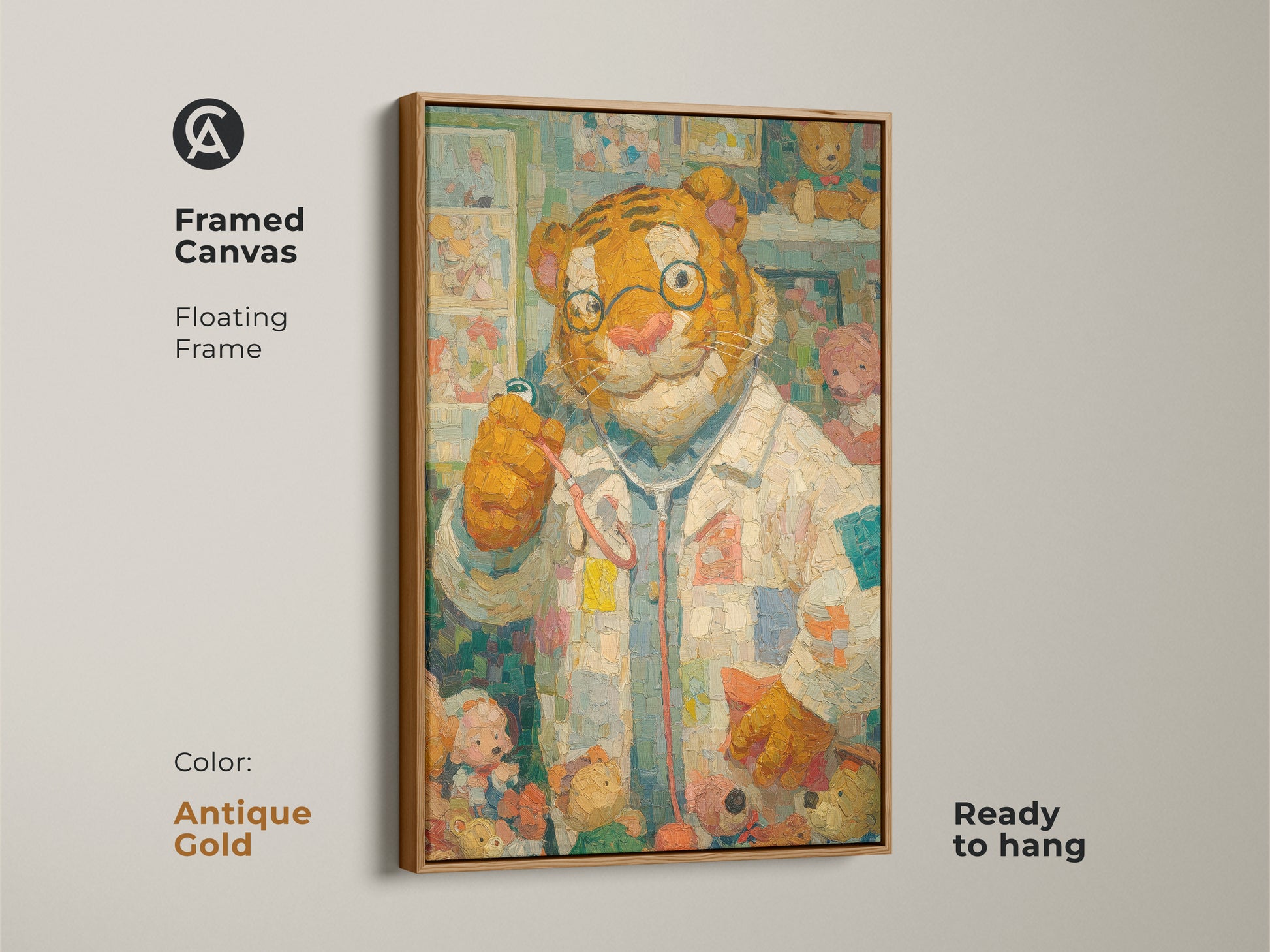Framed canvas art of a tiger doctor and teddy bears with an antique gold frame. This delightful print is ready to hang. The antique gold frame adds a touch of elegance. Perfect for kids room decor. Buy now
