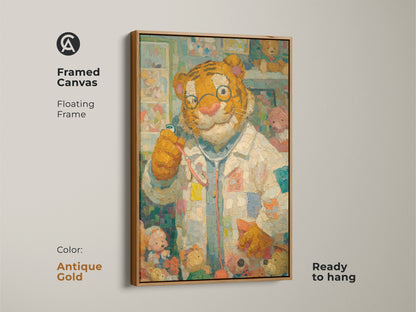 Framed canvas art of a tiger doctor and teddy bears with an antique gold frame. This delightful print is ready to hang. The antique gold frame adds a touch of elegance. Perfect for kids room decor. Buy now