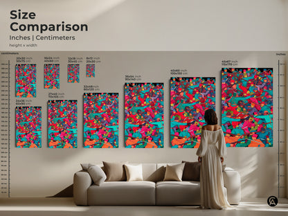 Size comparison of historical battle scene prints in inches and centimeters. See how different sizes of the artwork fit in a living space. The art features soldiers with muskets in teal orange and red. Ideal for adding an eclectic touch to your home.
