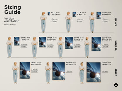 Sizing guide for modern aviation canvas and poster prints. Vertical orientation options include small medium and large sizes. Find the perfect fit for your space with this futuristic jet engine artwork. Enhance your office or home with this contemporary aviation piece.